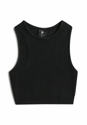 Zwarte geribbelde mouwloze cropped top met ronde halslijn en G-Star Raw-label binnen in de kraag, maat 12.