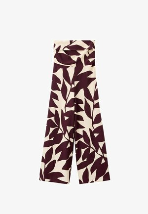 Wijde broek met hoge taille in beige stof met grote donkerspaarse abstracte bladpatronen.
