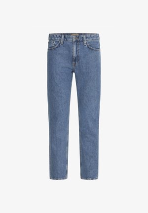 Svetlomodré rifle z denimu so strihom na priamu nohu, piatimi vreckami a kontrastnými stehmi. Jemne vyblednuté pre opotrebovaný vzhľad. Masívny kovový gombík.