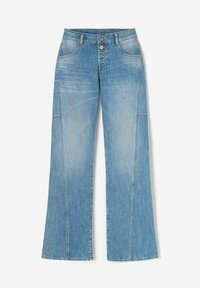 Lichtblauwe wijde jeans van denim. Bevat twee voorzakken, twee achterzakken en een knoopsluiting met gouden accenten.