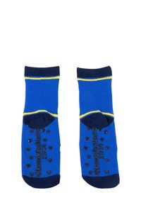 Niebieskie skarpetki w żółte paski. Dotsy gumowe na podeszwie oraz ciemnoniebieskie wzmocnione pięty. Miękka, teksturowana tkanina zapewniająca dobre dopasowanie.