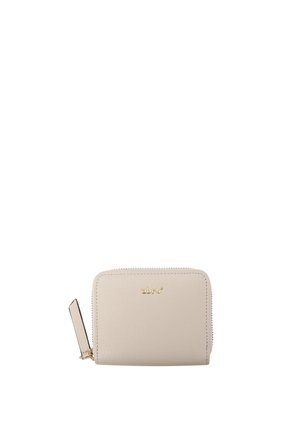 Small beige leather wallet with gold zipper pull and gold brand name "abro" on front center.