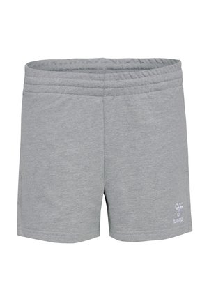 Shorts de sport gris en tissu doux, avec une taille élastique et un petit logo sur le bas à droite. Sans poches.