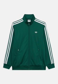 Chaqueta verde con cremallera hecha de tela lisa, con rayas blancas a lo largo de las mangas y un pequeño logo blanco en el pecho. Dos bolsillos laterales.