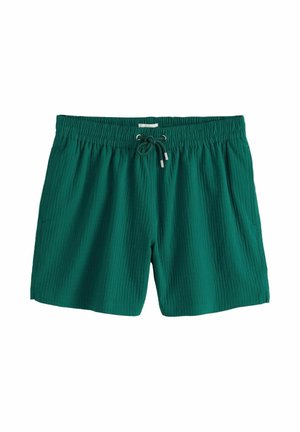 Grüne strukturierte Badeshorts mit elastischem Bund und Kordelzug mit silbernen Metallenden auf weißem Hintergrund.
