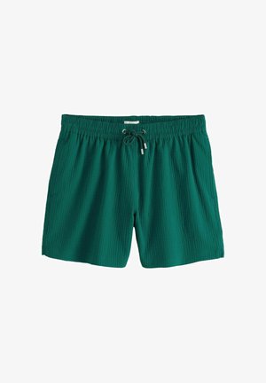 Green textured swim shorts with elastic waistband and drawstring with silver metal tips on a white background.