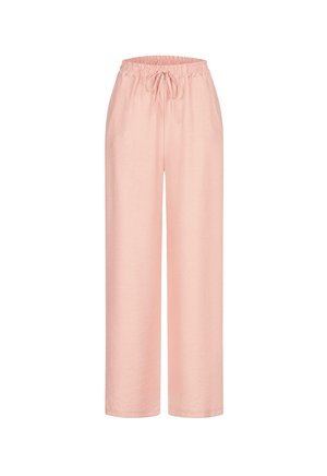 Helle rosa, leichte Hosen mit weitem Bein, elastischem Bund und verstellbarem Kordelzug. Glatte Textur ohne Muster.