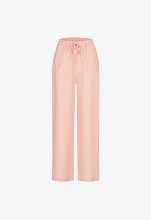 Lyse rosa, lette bukser med vid bendesign, elastisk midje og snor i bånddetaljer. Glatt tekstur uten mønstre.