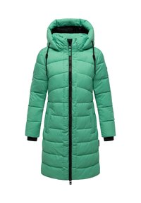 Mint green puffy coat with a zip front, adjustable hood, and black accent cuffs. Features quilted texture and side pockets.