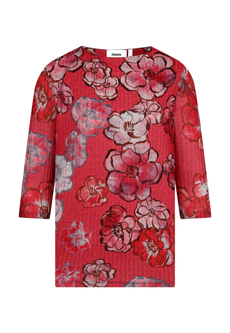 Rotes Oberteil mit drei Viertelärmeln und floralem Muster. Es hat einen strukturierten Stoff mit großen, geschichteten Blumen in Pink und Weiß, die schwarz umrandet sind.