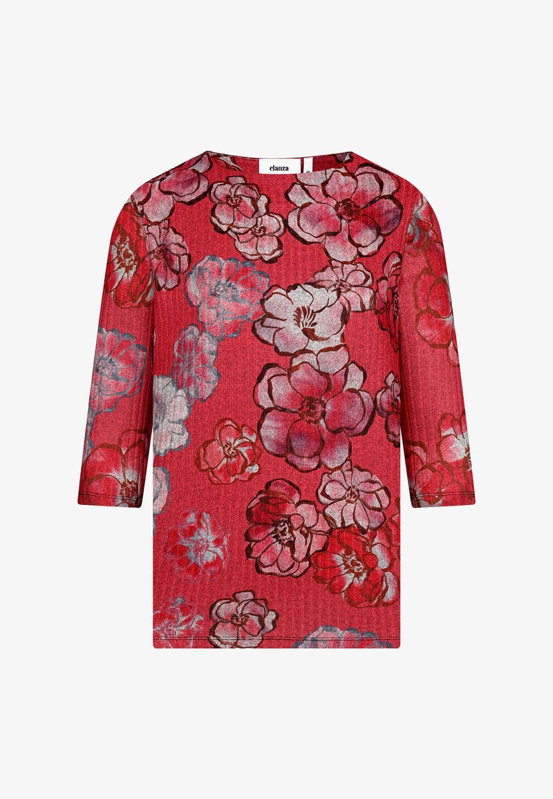 Rotes Oberteil mit drei Viertelärmeln und floralem Muster. Es hat einen strukturierten Stoff mit großen, geschichteten Blumen in Pink und Weiß, die schwarz umrandet sind.