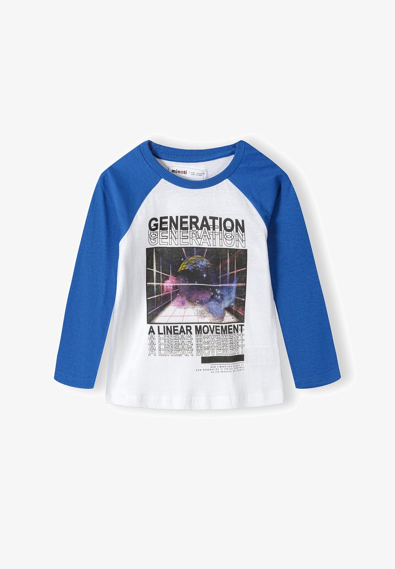 Ilgųjų rankovių marškinėliai su mėlynais raglan rankovėmis ir balta kūno dalimi. Puošti grafiniu spausdiniu su tekstu ir gyvybingomis spalvomis, vaizduojančiu žemėlapį.