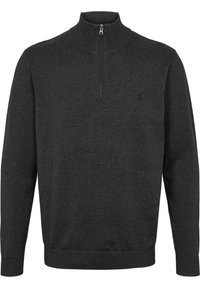 Pull gris foncé avec un col montant, fermeture éclair, manches longues, poignets et ourlet côtelés, présentant un petit logo sur la poitrine.