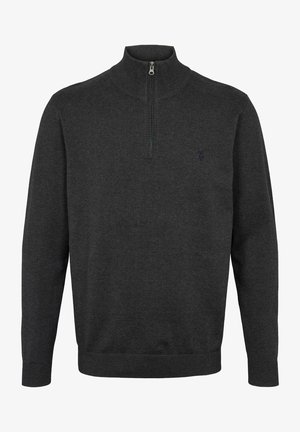 Pull gris foncé avec un col montant, fermeture éclair, manches longues, poignets et ourlet côtelés, présentant un petit logo sur la poitrine.