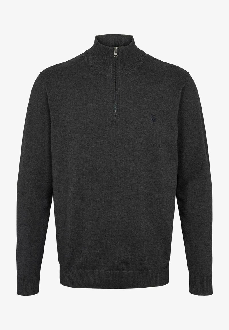 Pull gris foncé avec un col montant, fermeture éclair, manches longues, poignets et ourlet côtelés, présentant un petit logo sur la poitrine.
