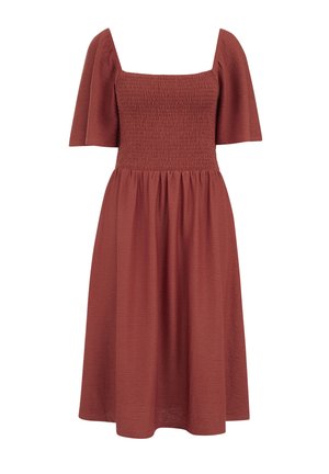 Midi-jurk in roestkleur met geplooide vierkante halslijn, opgeblazen korte mouwen en een geplooide taille.