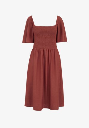 Midi-jurk in roestkleur met geplooide vierkante halslijn, opgeblazen korte mouwen en een geplooide taille.