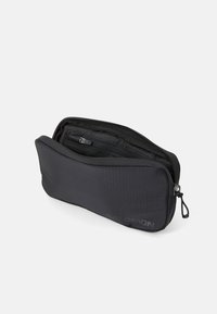 Black, textured pouch with a zip closure, featuring an inner compartment and a small pocket. Includes a loop for attachment.