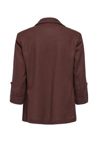 Blazer marron à manches longues avec col, vu de dos, avec manches retroussées et ourlet droit.