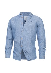 Lichtblauw overhemd met lange mouwen en houten knopen, een klein geborduurd logo op de borst en een ontspannen kraagontwerp.