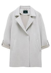 Manteau gris clair mi-long avec larges revers, manches 3/4 retroussées et poches latérales fendues, présenté sur un fond blanc.