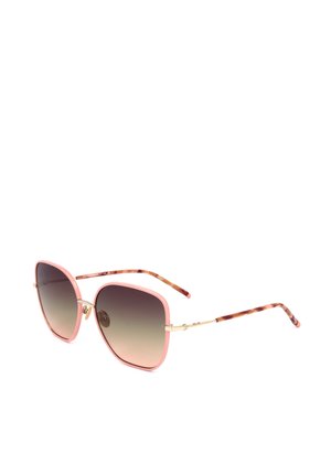 Occhiali da sole quadrati alla moda con montature rosa, lenti sfumate marroni e sottili aste con motivo tartarugato.