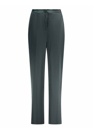 Donkergrijze broek met rechte pijpen, voorzien van een knoop- en ritssluiting aan de voorkant, ontworpen voor een getailleerde pasvorm.