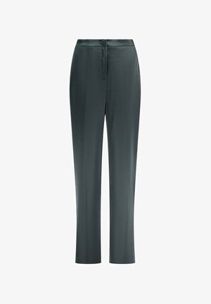 Donkergrijze broek met rechte pijpen, voorzien van een knoop- en ritssluiting aan de voorkant, ontworpen voor een getailleerde pasvorm.