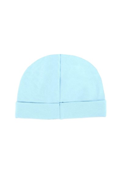 Beanie di cotone azzurro chiaro con una parte superiore arrotondata e un orlo arrotolato, caratterizzato da una texture liscia e un design semplice.