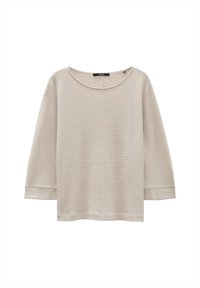 Beige Strickpullover mit strukturierter Musterung, weitem Ausschnitt und Dreiviertelärmeln. Weicher Stoff mit lockerer Passform.