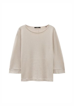 Pull en tricot beige avec un motif texturé, encolure large et manches trois quarts. Tissu doux avec une coupe décontractée.