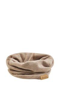 Beige gestreifter Halswärmer aus weichem Stoff, mit einem gedrehten Design und einem kleinen Leder-Logo-Patch an der Seite.