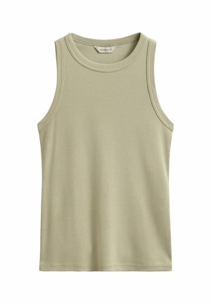 Béžové žebrované tílko bez rukávů s kulatým výstřihem a viditelnou štítkem Gant uvnitř límce.