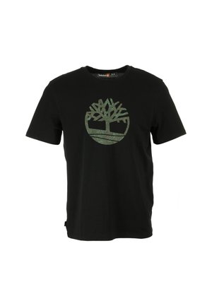 T-shirt nera in cotone con un grande logo di un albero verde in design circolare. Maniche corte e collo rotondo. Semplice e privo di decorazioni.