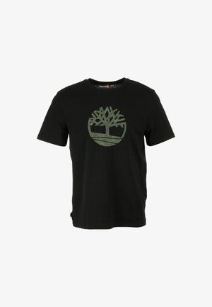 T-shirt nera in cotone con un grande logo di un albero verde in design circolare. Maniche corte e collo rotondo. Semplice e privo di decorazioni.