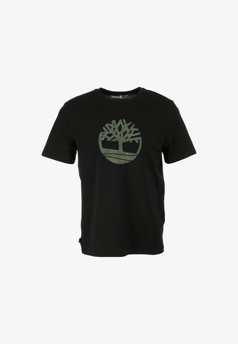T-shirt nera in cotone con un grande logo di un albero verde in design circolare. Maniche corte e collo rotondo. Semplice e privo di decorazioni.
