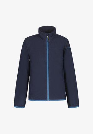 Veste en polaire marine avec col haut, dotée d'une fermeture éclair bleue à l'avant, d'un tissu texturé et d'accents bleus au bord et aux poignets.