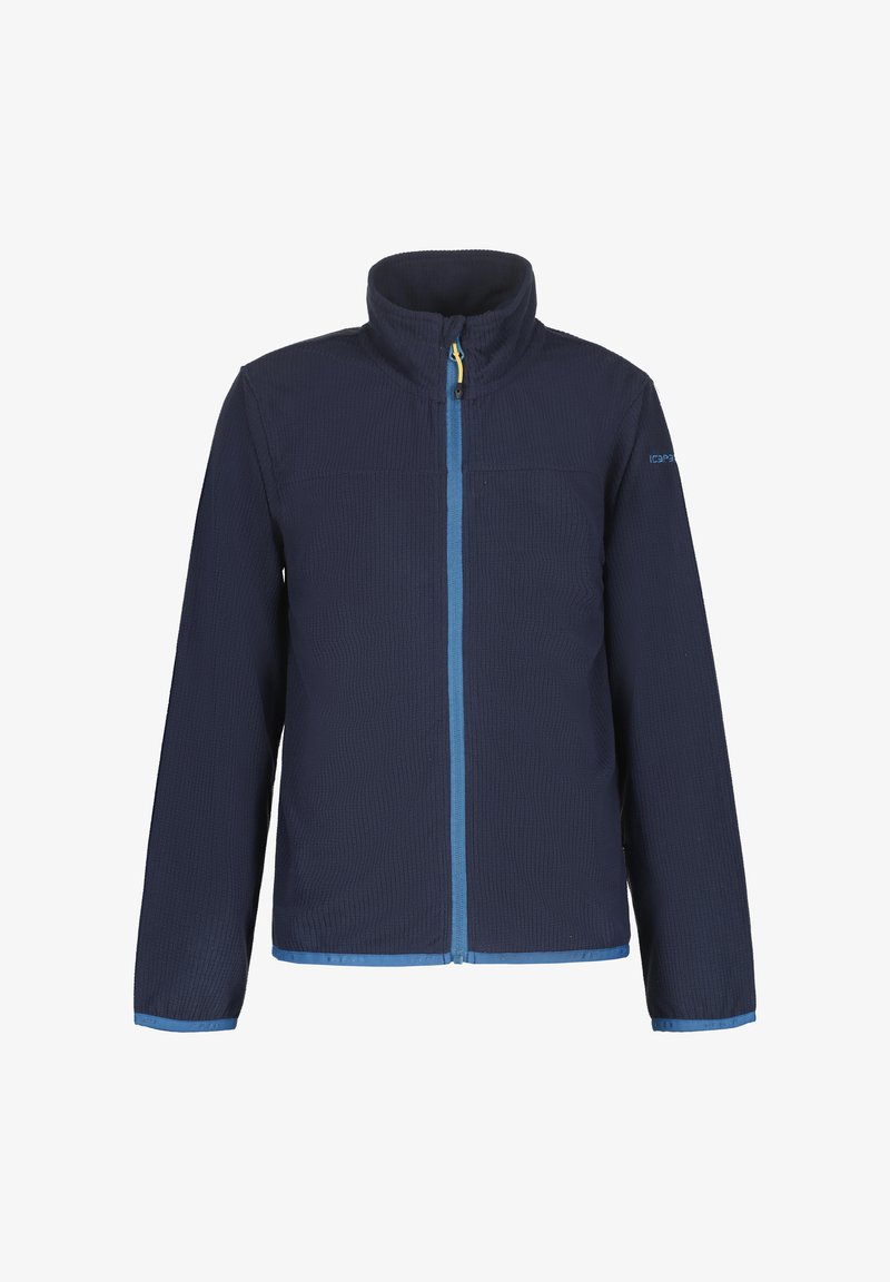 Navy fleece jacket with a high collar, featuring a blue front zipper, textured fabric, and blue accents at the hem and cuffs.