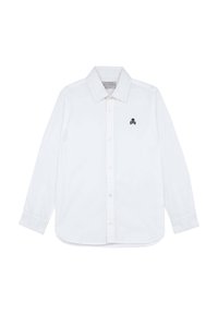 Witte langemouwen shirt met een klassieke kraag. Bevat een klein zwart skull en crossbones logo op de linkerkant van de borst. Gemaakt van gladde stof.