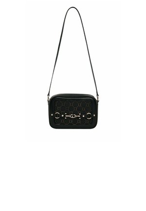 Borsa a tracolla in pelle nera con forma rettangolare, caratterizzata da un motivo geometrico, ferrature in tonalità oro e tracolla regolabile.