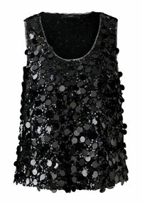 Schwarzes ärmelloses Oberteil, verziert mit glitzernden schwarzen Pailletten. Mit runder Ausschnittform und einem weichen Stoffuntergrund mit transparenter Überlage.