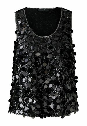Black sleeveless top adorned with shiny black sequins. Features a scoop neckline and a soft fabric base with a sheer overlay.