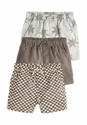 Drei Paare elastischer Kinder-Shorts mit Kordelzug, mit Sternenmuster, einfarbig braun und braun-weiß kariert.