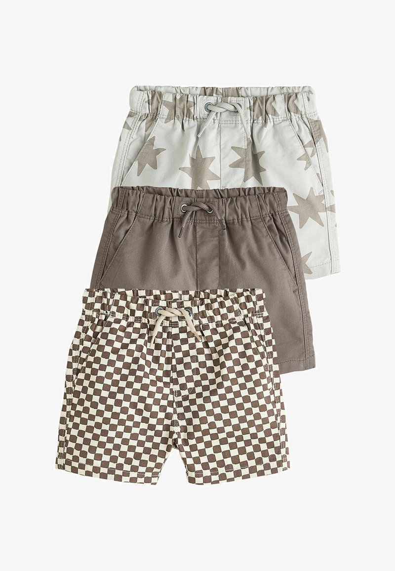 Tri para dječjih kratkih hlača s elastičnim strukom i vezicama, s uzorcima zvjezdica, u jednobojnoj smeđoj boji i smeđe-bijelim kockastim uzorkom.