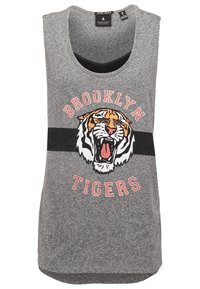 Grå ärmlös linne med en tigermönstrad grafik och texten "BROOKLYN TIGERS" i rött. Tyget har ett mjukt, något strukturerat utseende.