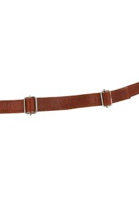 Cintura in pelle marrone con una superficie liscia, caratterizzata da due fibbie in metallo argentato e cuciture a contrasto. Design piatto, adatta per un abbigliamento casual o formale.