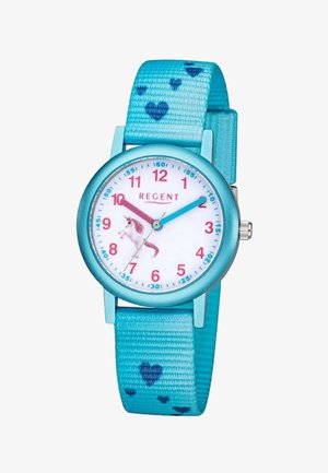 Blaues Kinder-Armbanduhr mit pinken und blauen Zeigern, pinken Zahlen, einem Einhorn auf dem Zifferblatt und einem Armband, das mit dunkelblauen Herzen verziert ist.