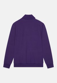 Lila pulloverjacka med hög krage, långa ärmar, ribbade mudd och en slät yta. Inga synliga mönster eller detaljutrustning.