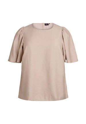 Blouse beige à manches courtes bouffantes, encolure ronde et texture subtile ; présente une fermeture à clé dans le dos.