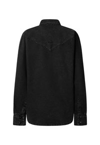 Juoda džinsinė marškinė su ilgomis rankovėmis, smailiu žakardo detailiu nugaroje, mygtukų rankogaliais ir lygiu paviršiumi. Minimalistinis dizainas, be matomos aparatūros.